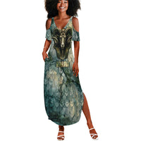 Khnum Ancient Egyptian Summer Maxi Dress with Smoky Leaf, Ram Head Emblem, and Guardian of the Cataract - Wonder Print Shop