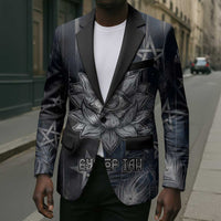 Khonsu Blazer Ancient Egyptian Dark Feather Pattern, Moonlit Raven Symbol, and Eye Lotus - Wonder Print Shop