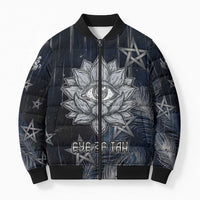 Khonsu Bomber Puffer Jacket Ancient Egyptian Dark Feather Pattern, Moonlit Raven Symbol, and Eye Lotus - Wonder Print Shop