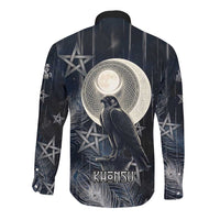 Khonsu Long Sleeve Button Shirt Ancient Egyptian Dark Feather Pattern, Moonlit Raven Symbol, and Eye Lotus - Wonder Print Shop