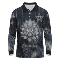 Khonsu Long Sleeve Polo Shirt Ancient Egyptian Dark Feather Pattern, Moonlit Raven Symbol, and Eye Lotus - Wonder Print Shop