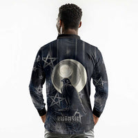 Khonsu Long Sleeve Polo Shirt Ancient Egyptian Dark Feather Pattern, Moonlit Raven Symbol, and Eye Lotus - Wonder Print Shop