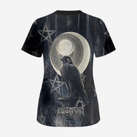 Khonsu Scrub Top Ancient Egyptian Dark Feather Pattern, Moonlit Raven Symbol, and Eye Lotus - Wonder Print Shop