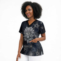Khonsu Scrub Top Ancient Egyptian Dark Feather Pattern, Moonlit Raven Symbol, and Eye Lotus - Wonder Print Shop