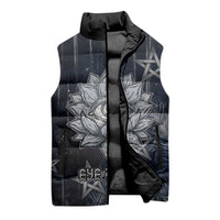 Khonsu Sleeveless Puffer Jacket Ancient Egyptian Dark Feather Pattern, Moonlit Raven Symbol, and Eye Lotus - Wonder Print Shop