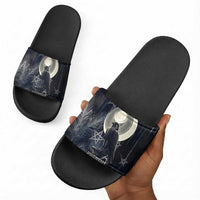 Khonsu Slide Sandals Ancient Egyptian Dark Feather Pattern, Moonlit Raven Symbol, and Eye Lotus - Wonder Print Shop