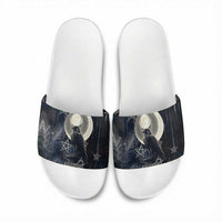 Khonsu Slide Sandals Ancient Egyptian Dark Feather Pattern, Moonlit Raven Symbol, and Eye Lotus - Wonder Print Shop