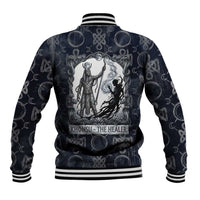 Khonsu Ancient Egyptian Baseball Jacket with Dark Celtic Knot Pattern, Baboon Guardian Symbol, and Moon Healer Motif - Wonder Print Shop