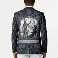 Khonsu Ancient Egyptian Blazer with Dark Celtic Knot Pattern, Baboon Guardian Symbol, and Moon Healer Motif - Wonder Print Shop