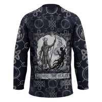 Khonsu Ancient Egyptian Hockey Jersey with Dark Celtic Knot Pattern, Baboon Guardian Symbol, and Moon Healer Motif - Wonder Print Shop