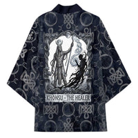 Khonsu Ancient Egyptian Kimono with Dark Celtic Knot Pattern, Baboon Guardian Symbol, and Moon Healer Motif - Wonder Print Shop