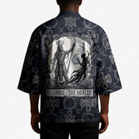 Khonsu Ancient Egyptian Kimono with Dark Celtic Knot Pattern, Baboon Guardian Symbol, and Moon Healer Motif - Wonder Print Shop