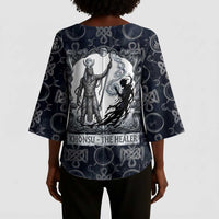 Khonsu Ancient Egyptian Kimono Sleeve Blouse with Dark Celtic Knot Pattern, Baboon Guardian Symbol, and Moon Healer Motif - Wonder Print Shop