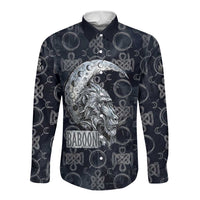 Khonsu Ancient Egyptian Long Sleeve Button Shirt with Dark Celtic Knot Pattern, Baboon Guardian Symbol, and Moon Healer Motif - Wonder Print Shop