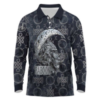 Khonsu Ancient Egyptian Long Sleeve Polo Shirt with Dark Celtic Knot Pattern, Baboon Guardian Symbol, and Moon Healer Motif - Wonder Print Shop