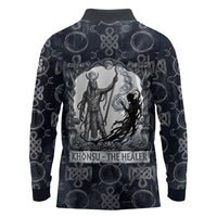 Khonsu Ancient Egyptian Long Sleeve Polo Shirt with Dark Celtic Knot Pattern, Baboon Guardian Symbol, and Moon Healer Motif - Wonder Print Shop