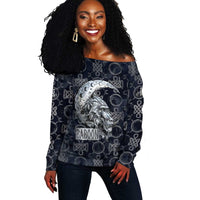 Khonsu Ancient Egyptian Off Shoulder Sweater with Dark Celtic Knot Pattern, Baboon Guardian Symbol, and Moon Healer Motif - Wonder Print Shop