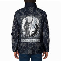 Khonsu Ancient Egyptian Padded Jacket with Dark Celtic Knot Pattern, Baboon Guardian Symbol, and Moon Healer Motif - Wonder Print Shop
