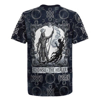 Khonsu Ancient Egyptian Rugby Jersey with Dark Celtic Knot Pattern, Baboon Guardian Symbol, and Moon Healer Motif - Wonder Print Shop