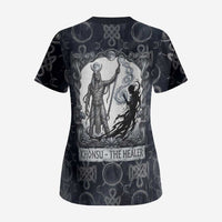 Khonsu Ancient Egyptian Scrub Top with Dark Celtic Knot Pattern, Baboon Guardian Symbol, and Moon Healer Motif - Wonder Print Shop