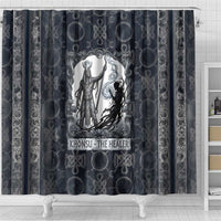 Khonsu Ancient Egyptian Shower Curtain with Dark Celtic Knot Pattern, Baboon Guardian Symbol, and Moon Healer Motif - Wonder Print Shop