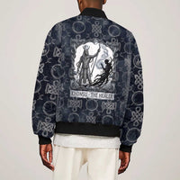 Khonsu Ancient Egyptian Sleeve Zip Bomber Jacket with Dark Celtic Knot Pattern, Baboon Guardian Symbol, and Moon Healer Motif - Wonder Print Shop