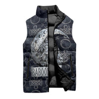 Khonsu Ancient Egyptian Sleeveless Puffer Jacket with Dark Celtic Knot Pattern, Baboon Guardian Symbol, and Moon Healer Motif - Wonder Print Shop