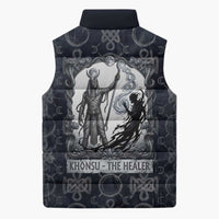 Khonsu Ancient Egyptian Sleeveless Puffer Jacket with Dark Celtic Knot Pattern, Baboon Guardian Symbol, and Moon Healer Motif - Wonder Print Shop
