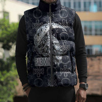 Khonsu Ancient Egyptian Sleeveless Puffer Jacket with Dark Celtic Knot Pattern, Baboon Guardian Symbol, and Moon Healer Motif - Wonder Print Shop