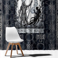 Khonsu Ancient Egyptian Window Curtain with Dark Celtic Knot Pattern, Baboon Guardian Symbol, and Moon Healer Motif - Wonder Print Shop