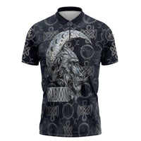 Khonsu Ancient Egyptian Zipper Polo Shirt with Dark Celtic Knot Pattern, Baboon Guardian Symbol, and Moon Healer Motif - Wonder Print Shop