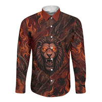 Maahes Long Sleeve Button Shirt Ancient Egyptian Fiery Red Flame - Roaring Lion Head - Wonder Print Shop
