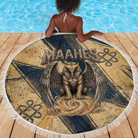 Maahes Ancient Egyptian Beach Blanket Geometric Pattern Winged Lion Deity, and Sacred Lotus Motif - Wonder Print Shop