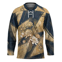 Maahes Ancient Egyptian Hockey Jersey Geometric Pattern Winged Lion Deity, and Sacred Lotus Motif - Wonder Print Shop