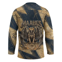 Maahes Ancient Egyptian Hockey Jersey Geometric Pattern Winged Lion Deity, and Sacred Lotus Motif - Wonder Print Shop