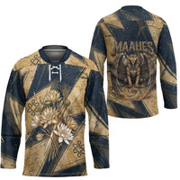 Maahes Ancient Egyptian Hockey Jersey Geometric Pattern Winged Lion Deity, and Sacred Lotus Motif - Wonder Print Shop