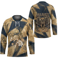 Maahes Ancient Egyptian Hockey Jersey Geometric Pattern Winged Lion Deity, and Sacred Lotus Motif - Wonder Print Shop
