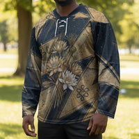 Maahes Ancient Egyptian Hockey Jersey Geometric Pattern Winged Lion Deity, and Sacred Lotus Motif - Wonder Print Shop