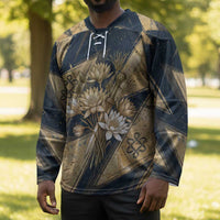 Maahes Ancient Egyptian Hockey Jersey Geometric Pattern Winged Lion Deity, and Sacred Lotus Motif - Wonder Print Shop