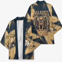 Maahes Ancient Egyptian Kimono Geometric Pattern Winged Lion Deity, and Sacred Lotus Motif - Wonder Print Shop