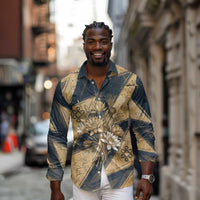 Maahes Ancient Egyptian Long Sleeve Button Shirt Geometric Pattern Winged Lion Deity, and Sacred Lotus Motif - Wonder Print Shop