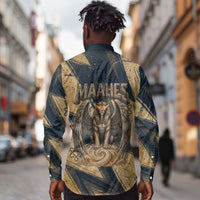Maahes Ancient Egyptian Long Sleeve Button Shirt Geometric Pattern Winged Lion Deity, and Sacred Lotus Motif - Wonder Print Shop