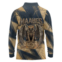 Maahes Ancient Egyptian Long Sleeve Polo Shirt Geometric Pattern Winged Lion Deity, and Sacred Lotus Motif - Wonder Print Shop