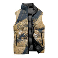 Maahes Ancient Egyptian Sleeveless Puffer Jacket Geometric Pattern Winged Lion Deity, and Sacred Lotus Motif - Wonder Print Shop