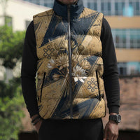 Maahes Ancient Egyptian Sleeveless Puffer Jacket Geometric Pattern Winged Lion Deity, and Sacred Lotus Motif - Wonder Print Shop