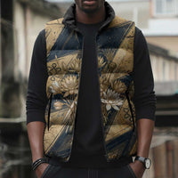 Maahes Ancient Egyptian Sleeveless Puffer Jacket Geometric Pattern Winged Lion Deity, and Sacred Lotus Motif - Wonder Print Shop
