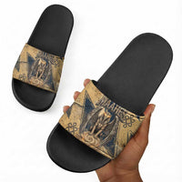 Maahes Ancient Egyptian Slide Sandals Geometric Pattern Winged Lion Deity, and Sacred Lotus Motif - Wonder Print Shop