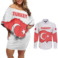 Turkey Flag Map Red and White Couples Matching Off Shoulder Short Dress and Long Sleeve Button Shirt with National Symbol