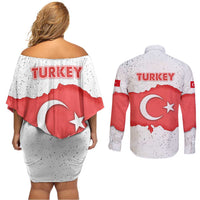 Turkey Flag Map Red and White Couples Matching Off Shoulder Short Dress and Long Sleeve Button Shirt with National Symbol