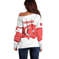 Turkey Flag Map Red and White Off Shoulder Sweater with National Symbol